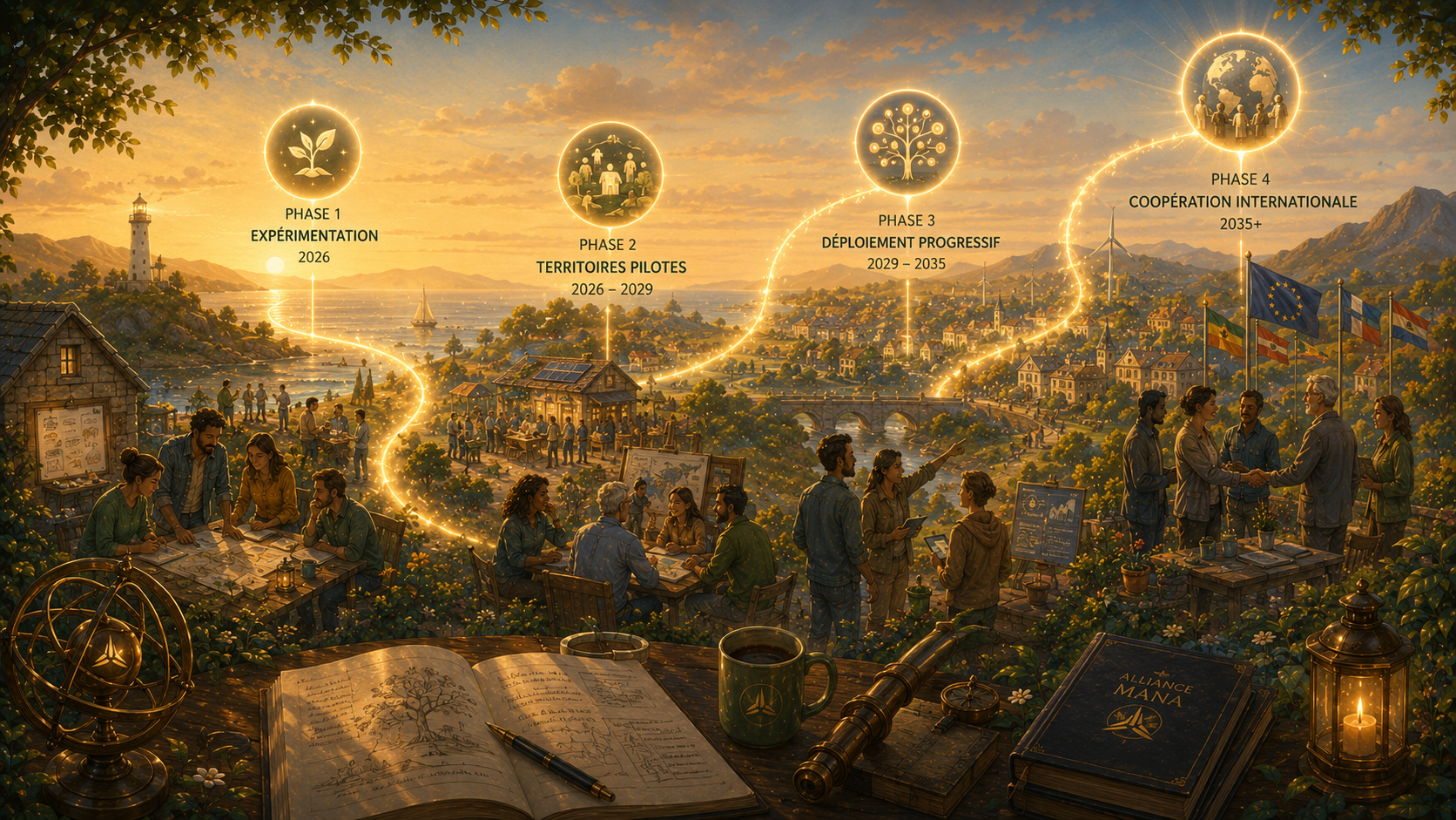 Les quatre phases d'Alliance MANA le long d'un chemin de lumière au soleil couchant — Expérimentation (2026), Territoires pilotes (2026–2029), Déploiement progressif (2029–2035), Coopération internationale (2035+).